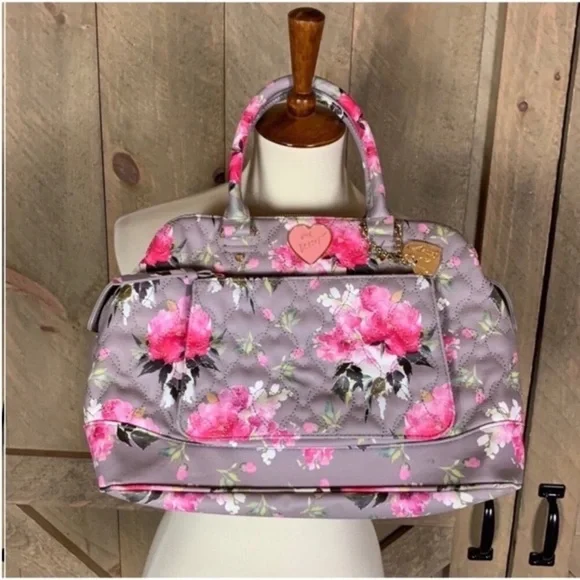 Betsey Johnson gray and pink floral print quilted satchel with crossbody strap - Picture 3 of 9